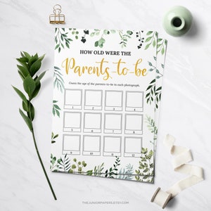 How Old Were The Parents-To-Be, Baby Shower Games, Greenery, Gold, Baby Shower Theme, Gender Neutral, Printable Game, Baby Shower Activities