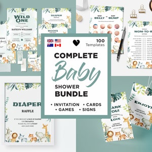 Wild One Baby Shower, Safari Baby Shower, Greenery Jungle Safari Baby Shower Safari Animales, Juegos editables de Baby Shower, Animales salvajes de la selva