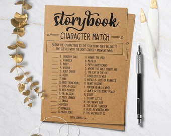 Storybook Character Match, Baby Shower Games, Kraft, Rustic Baby Shower Theme, Decorations and Signs, Best Baby Shower Activities and Ideas