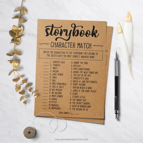 Storybook Character Match, Baby Shower Games, Kraft, Rustic Baby Shower Theme, Decorations and Signs, Best Baby Shower Activities and Ideas