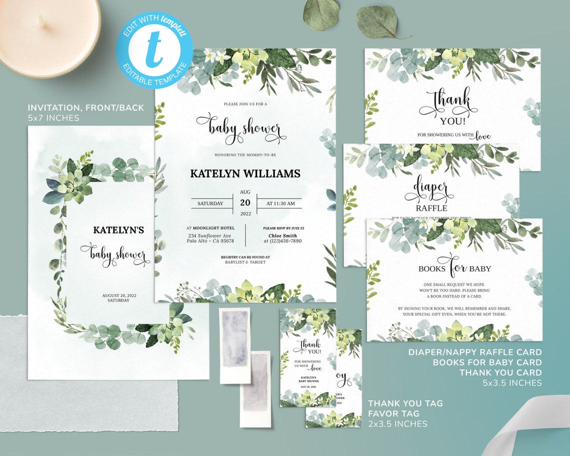 Editable Greenery Baby Shower Bundle Printable Modern Foliage | Etsy