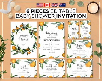 6 Pieces Editable Baby Shower Invitation, A Little Cutie Baby Shower Invitation Set, Gender Neutral Editable Orange Baby Shower, Clementine