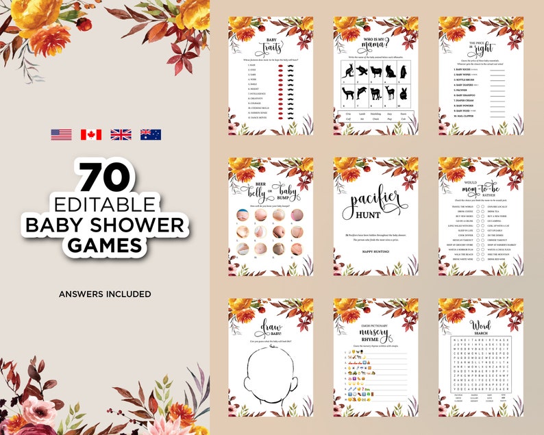 Fall Editable Baby Shower Games Printable Baby Shower Game - Etsy