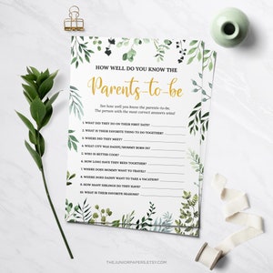 Los futuros padres, juegos de baby shower, vegetación, oro, tema de baby shower, género neutro, juegos imprimibles, actividades de baby shower