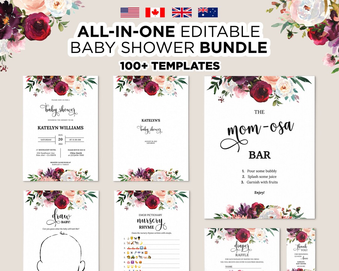 Editable Floral Baby Shower Bundle, Printable Floral Shower Package ...