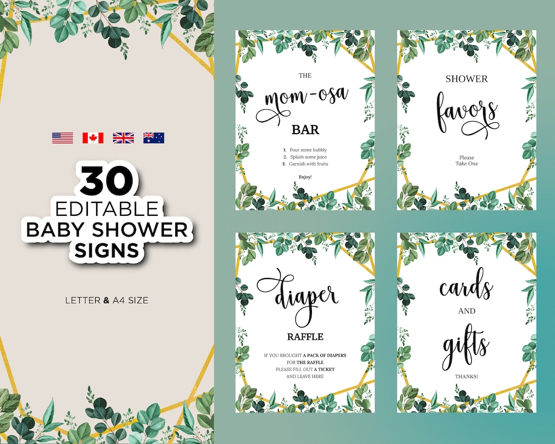 Greenery Editable Baby Shower Signs, Printable Gold Foliage Shower Sign ...