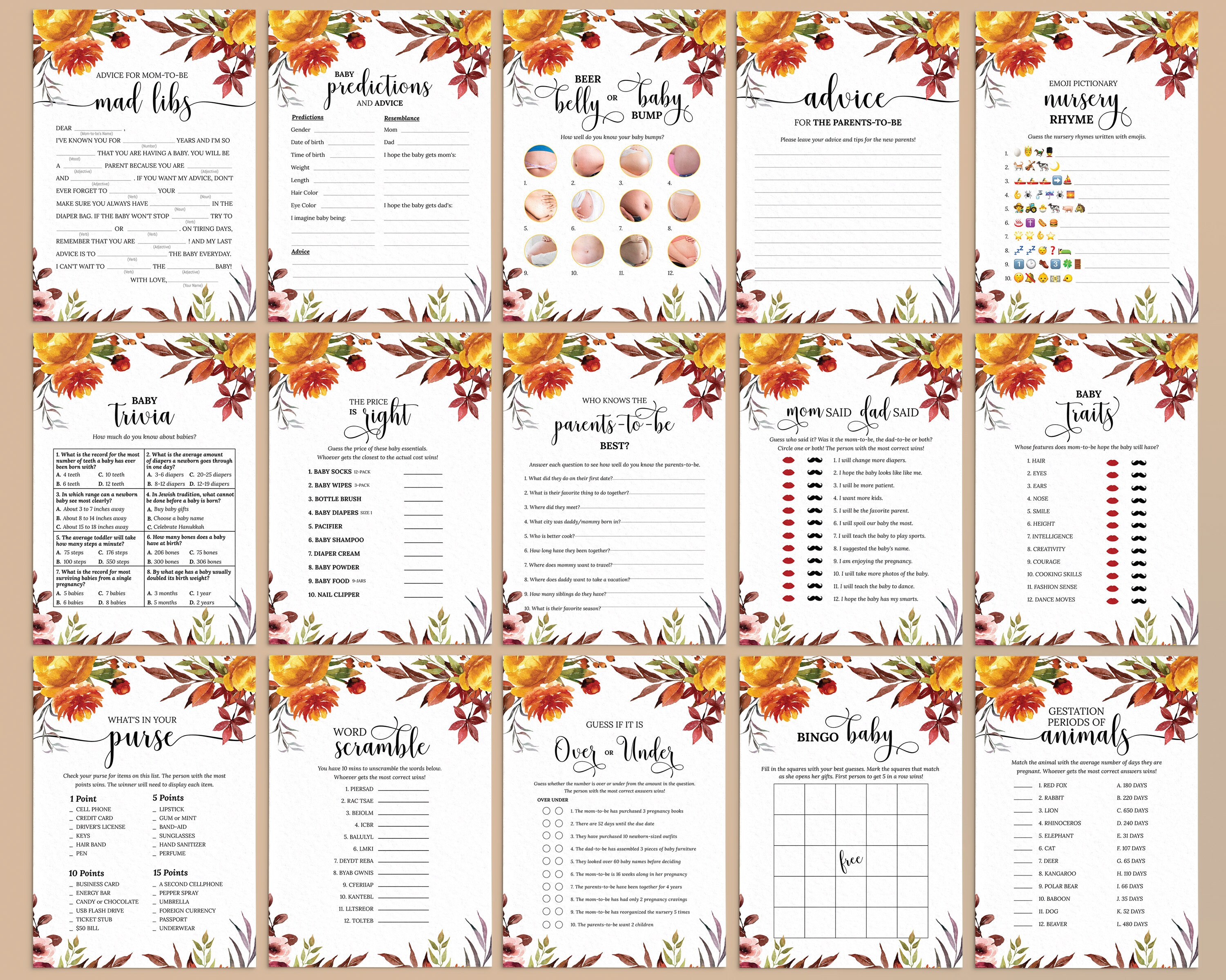 Editable Fall Baby Shower Games Printable Baby Shower Game | Etsy