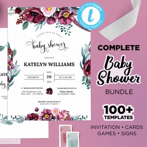 Floral Baby Shower, Baby in Bloom Shower, Baby Girl Shower, Burgundy Floral Baby Shower, Editable Floral Baby Shower, Purple Maroon Flowers
