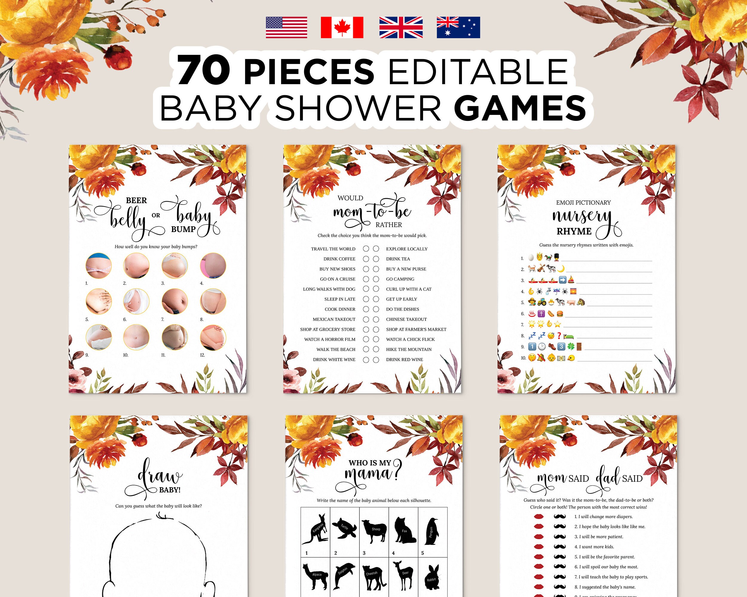 Editable Fall Baby Shower Games Printable Baby Shower Game - Etsy