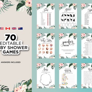 Giochi tropicali modificabili per baby shower, pacchetto di giochi stampabili per baby shower, giochi Aloha Baby Shower, doccia botanica, fiore tropicale colorato