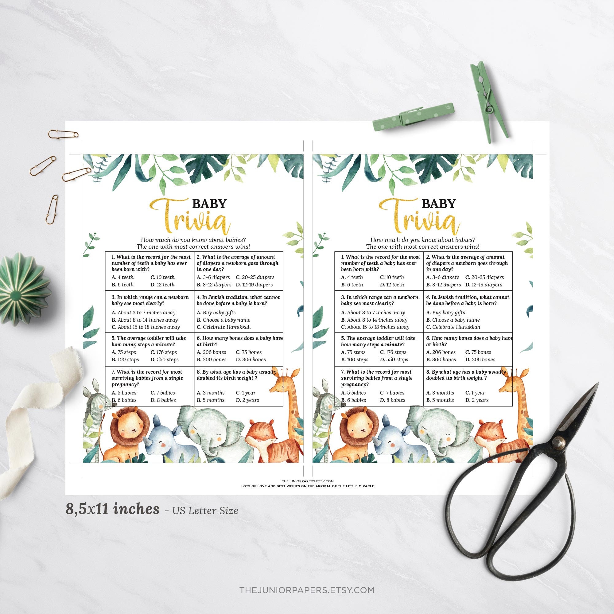 Baby Trivia Baby Shower Game Safari Animals Tropical Gold | Etsy