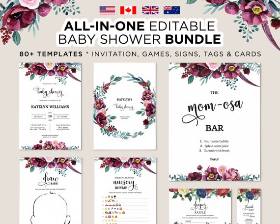 Editable Floral Baby Shower Bundle Printable Burgundy Shower | Etsy