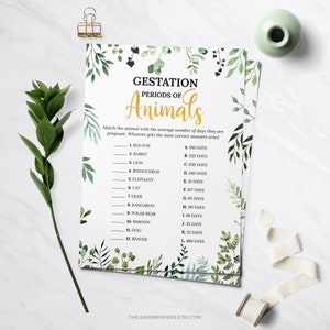 Animal Gestation, Baby Shower Games, Greenery, Gold, Baby Shower Theme, Gender Neutral, Printable Games, Baby Shower Activities
