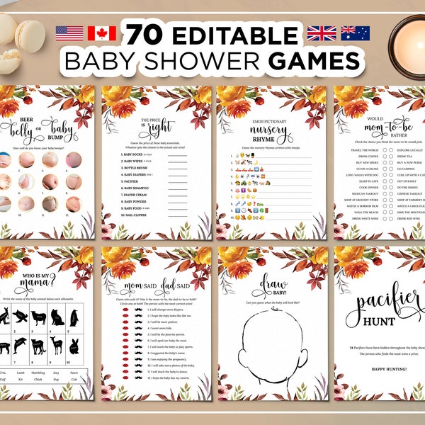 70 Editable Baby Shower Games, Baby Shower Games, Autumn Fall Baby Shower Game, Autumn Fall theme, Autumn Editable Baby Shower Games Bundle