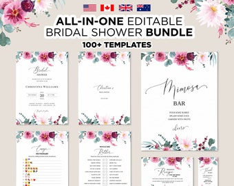 Editable Floral Bridal Shower Bundle, Printable Bridal Shower Templates, Pink Red Flowers Blush Wedding Shower Game, Invitation, Decoration