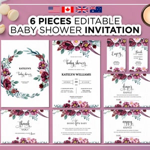 6 Pieces Editable Baby Shower Invitation Set, Baby Girl Floral Baby Shower Editable Burgundy Invitation, Baby Shower Burgundy Floral Flower