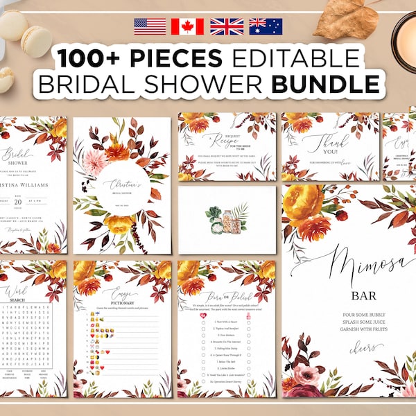 100+ Editable Bridal Shower Bundle, Bridal Shower Games, Bachelorette Party, Editable Autumn Fall Bridal Shower Games, Signs, Wedding Shower