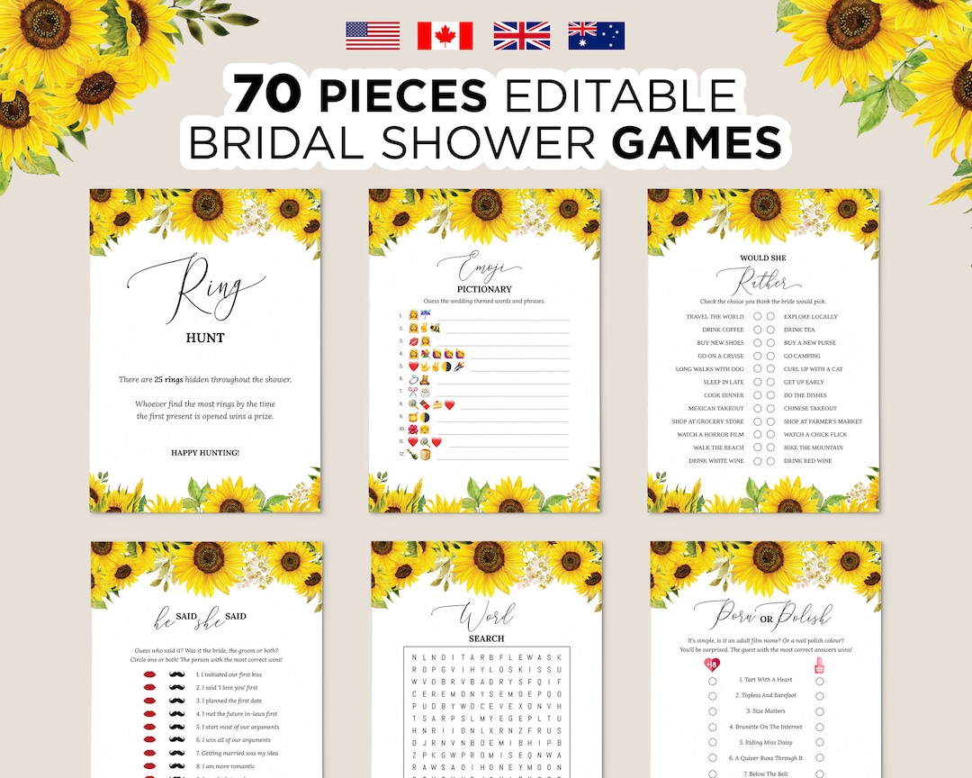 Editable Sunflower Bridal Shower Games, Printable Bridal Shower Games ...