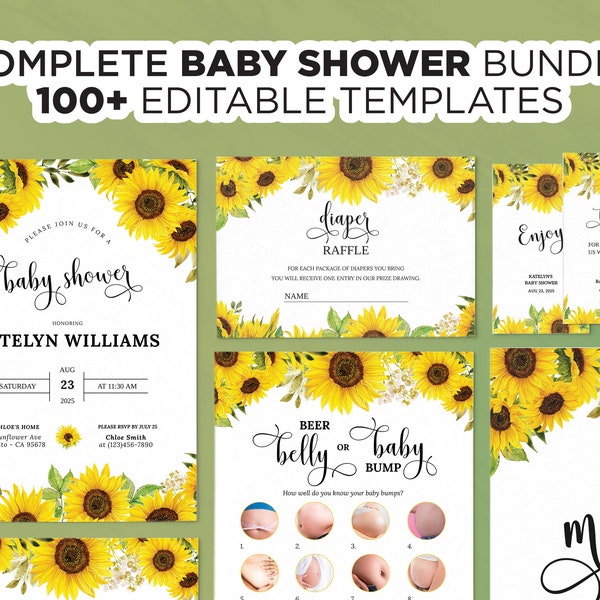 Sunflower Baby Shower, Sunshine Sunflower Baby Shower Games, Editable Yellow Baby Shower Games, Gender Neutral, Summer Baby Shower Game Set