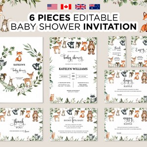 Wald-Babyparty-Einladung, druckbare Babyparty-Einladungsvorlage, Waldtiere-Babyparty-Einladung, bearbeitbare Waldtiere-Einladung