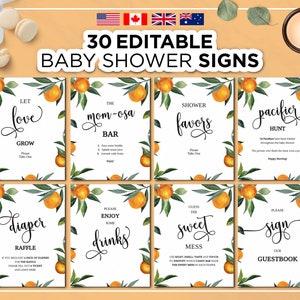 30 Editable Baby Shower Signs, Baby Shower Table Sign, A Little Cutie Invitation Gender Neutral Editable Orange Baby Shower Decor Clementine