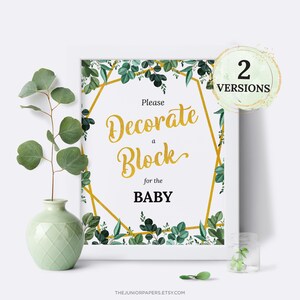 Decorate A Block, Baby Shower Sign, Greenery, Gold, Gender Neutral, Printable Table Top Sign, Decorations and Games, Greenery II