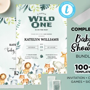Wild One Baby Shower, Safari Baby Shower, Greenery Jungle Safari Baby Shower Safari Animals, Editable Baby Shower Games, Wild Jungle Animals