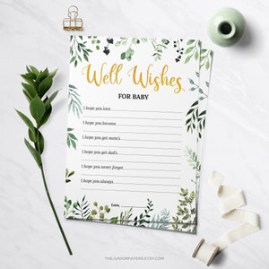 Buenos deseos para el bebé, juegos de baby shower de vegetación, nueva tarjeta de consejos para bebés, nueva tarjeta de buenos deseos para bebés, Baby Bump, verde y dorado, género neutro
