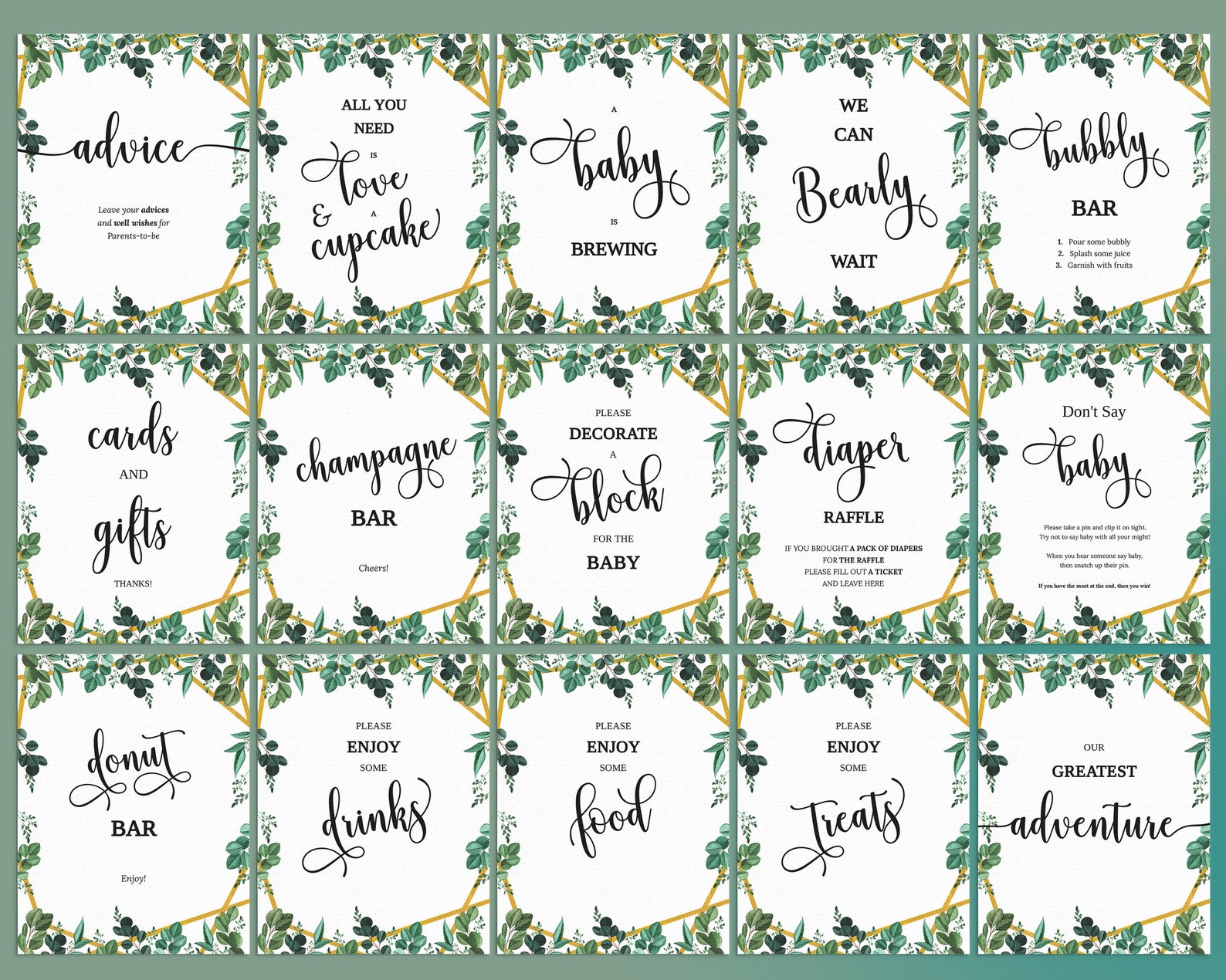 Editable Greenery Baby Shower Signs Printable Gold Foliage - Etsy