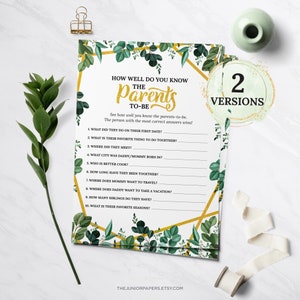 Los futuros padres, juegos de baby shower, Greenery II, oro, tema de baby shower, género neutro, juegos imprimibles, actividades de baby shower