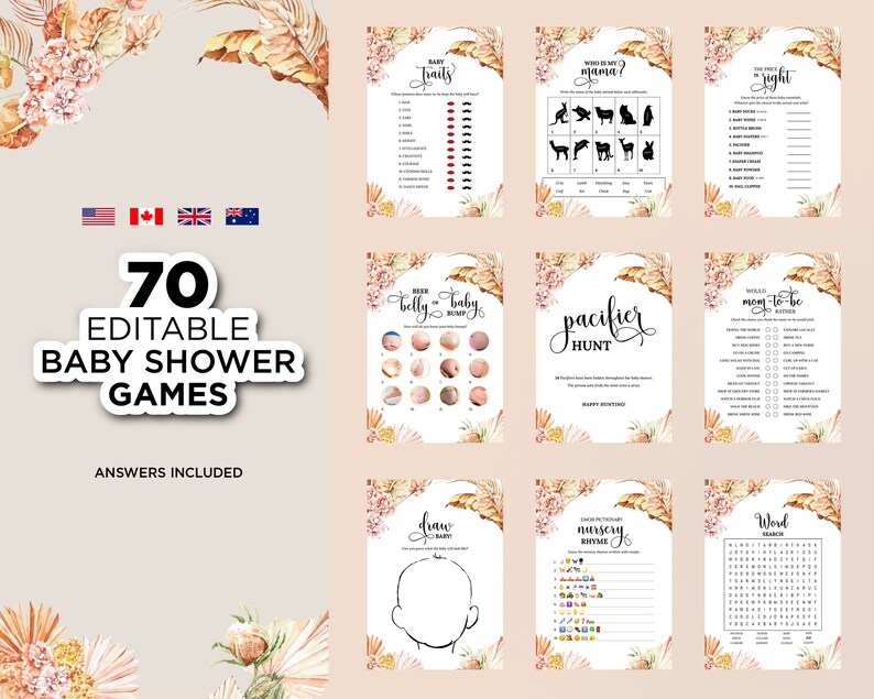 Boho Editable Baby Shower Games Printable Shower Games | Etsy