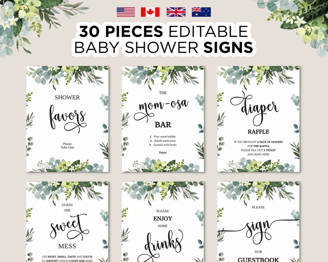 Editable Greenery Baby Shower Signs, Printable Modern Foliage Shower ...