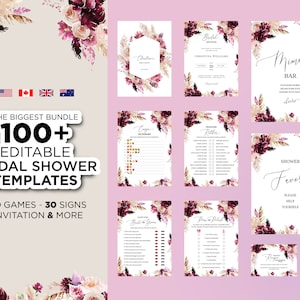 Floral Bridal Shower Bundle, Printable Bridal Shower, Burgundy Merlot Wine, Editable Bohemian Wedding Shower Games, Invitation, Decorations