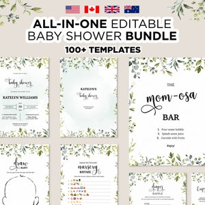 Editable Greenery Baby Shower Bundle, Printable Modern Foliage Shower ...