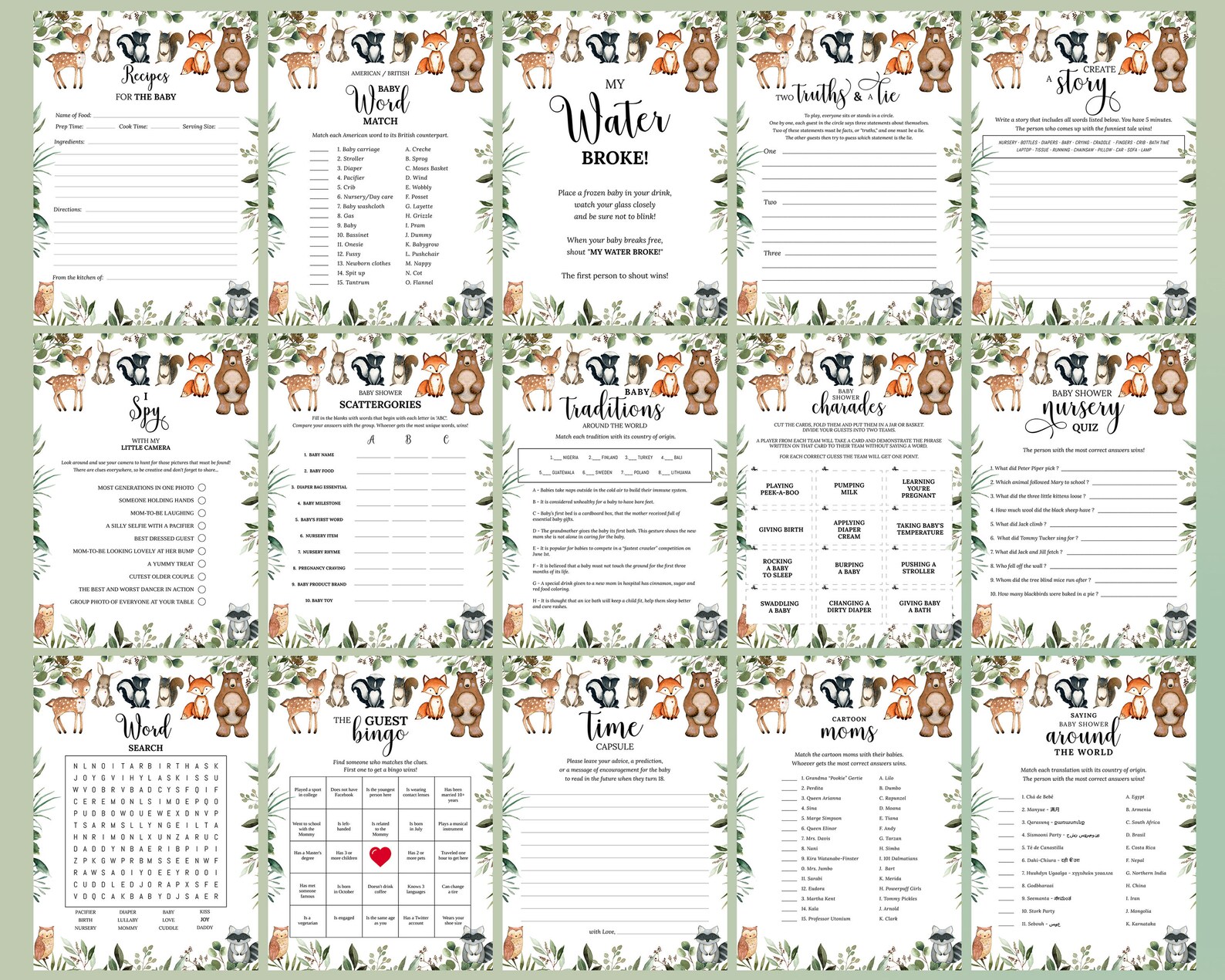 Woodland Baby Shower, Printable Forest Animals Baby Shower Package