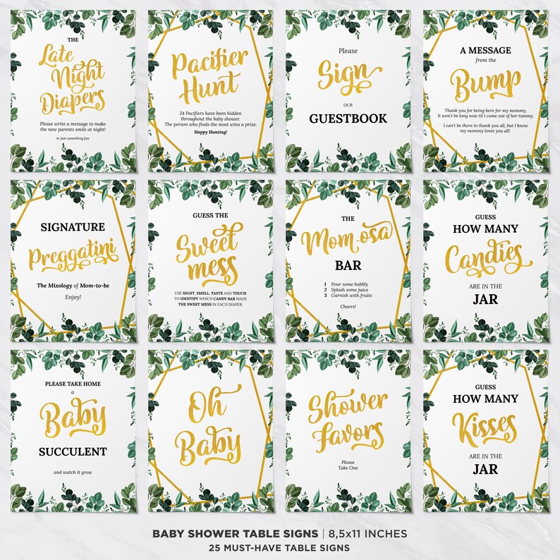 71 Pieces Baby Shower Game & Sign Bundle, Greenery, Gold, Gender Neutral, Decorations, Games, Message From The Bump, Dirty Diaper, Mad Libs image 8