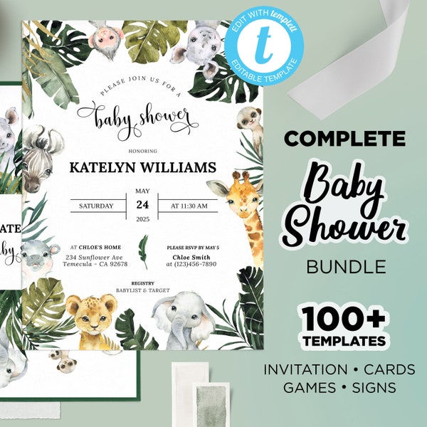 Safari Baby Shower, Wild One Baby Shower, Safari Baby Shower Invitation, Safari Baby Shower Games, Greenery Jungle Safari Animal Baby Shower