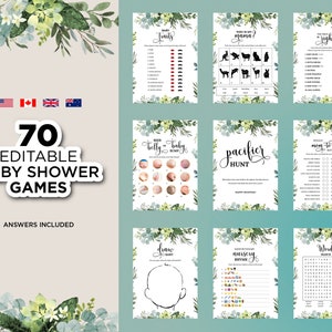 Groen bewerkbare babyshowerspellen, afdrukbare moderne gebladerte babyshowerspelbundel, genderneutraal minimaal groendouchespellenpakket