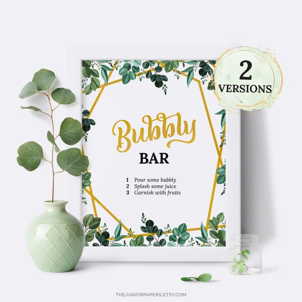 Bubbly Bar, Baby Shower Sign, Greenery, Gold, Girl, Boy, Gender Neutral, Printable Table Top Sign, Decorations and Games, Greenery II