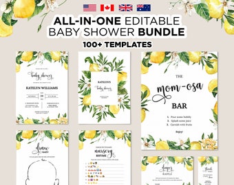Editable Lemon Baby Shower Bundle, Printable Full Baby Shower Package, Citrus Lemon Baby Shower, Gender Neutral, Mamas Main Squeeze Shower