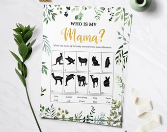 Who Is Mama, Greenery Baby Shower Games, Baby Animals, Who Is My Mommy Game, Baby Bump Shower Activity, Green Baby Shower, Greenery, Gold