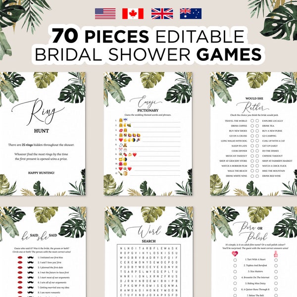 Editable Tropical Bridal Shower Games, Printable Bridal Shower Games Tropical Gold Greenery, Wedding Shower Games, Bridal Party Games Bundle