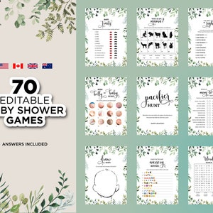 Groen bewerkbare baby shower games, afdrukbare gebladerte baby shower spelbundel, moderne baby shower, groen baby shower gamespakket