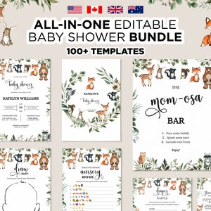 Woodland Baby Shower, Printable Forest Animals Baby Shower Package, Editable Woodland Animals Baby Shower Games Bundle, Invitation, Decor