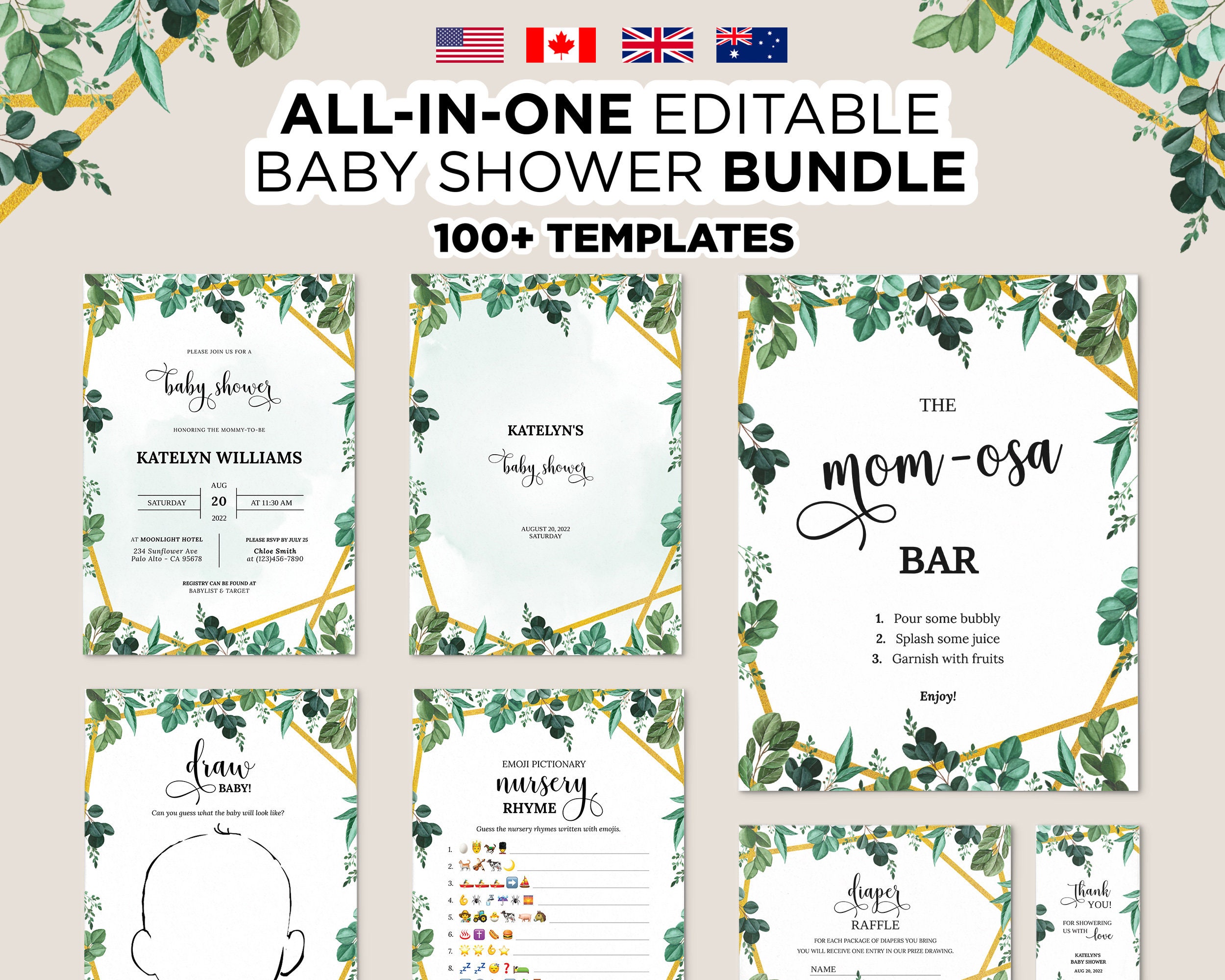 Editable Greenery Baby Shower Bundle Printable Gold Foliage - Etsy