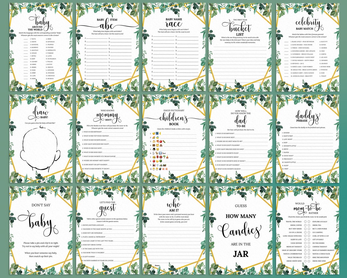 Editable Greenery Baby Shower Bundle Printable Gold Foliage - Etsy