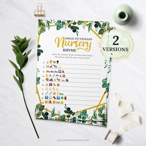 Kinderlied Emoji Pictionary, Baby Shower Spiel, Greenery II, Gold, Baby Shower Theme, geschlechtsneutral, druckbares Spiel, Baby Shower Aktivität