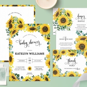 Sunflower Baby Shower Invitation Suite, Editable Sunflower Shower Invite, Custom Sunflower Shower, Diaper Raffle Card, Little Sunshine, SN10