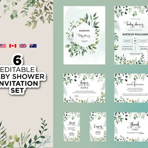 Greenery Editable Baby Shower Invitation, Printable Green Foliage Baby Shower Invite Template, Modern Greenery Baby Shower Invitation Suite,
