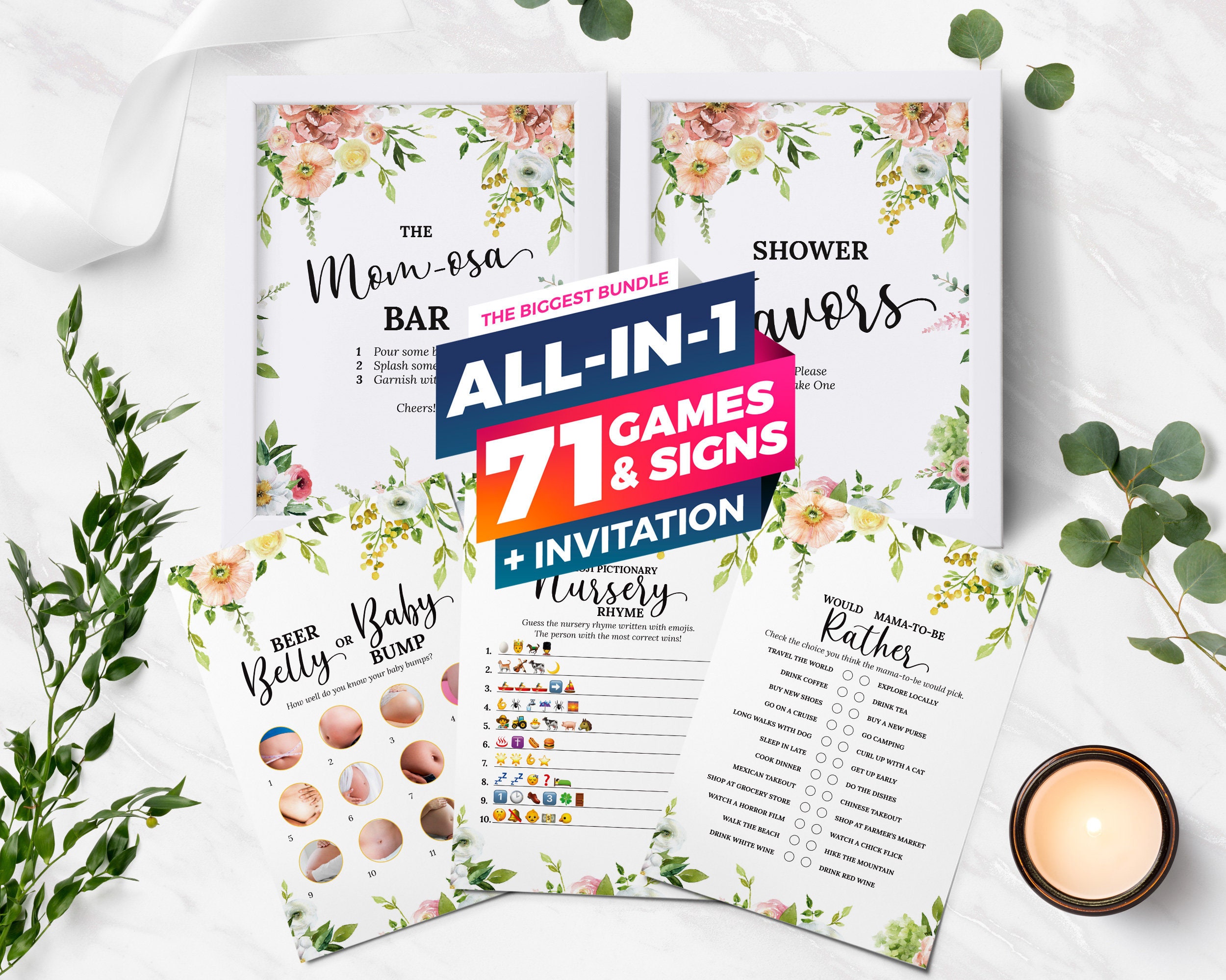 71 Pieces Floral Greenery Baby Shower Games, Signs And Decoration Bundle, Greenery, Floral Green, Gender Neutral, Greenery Baby Shower Games